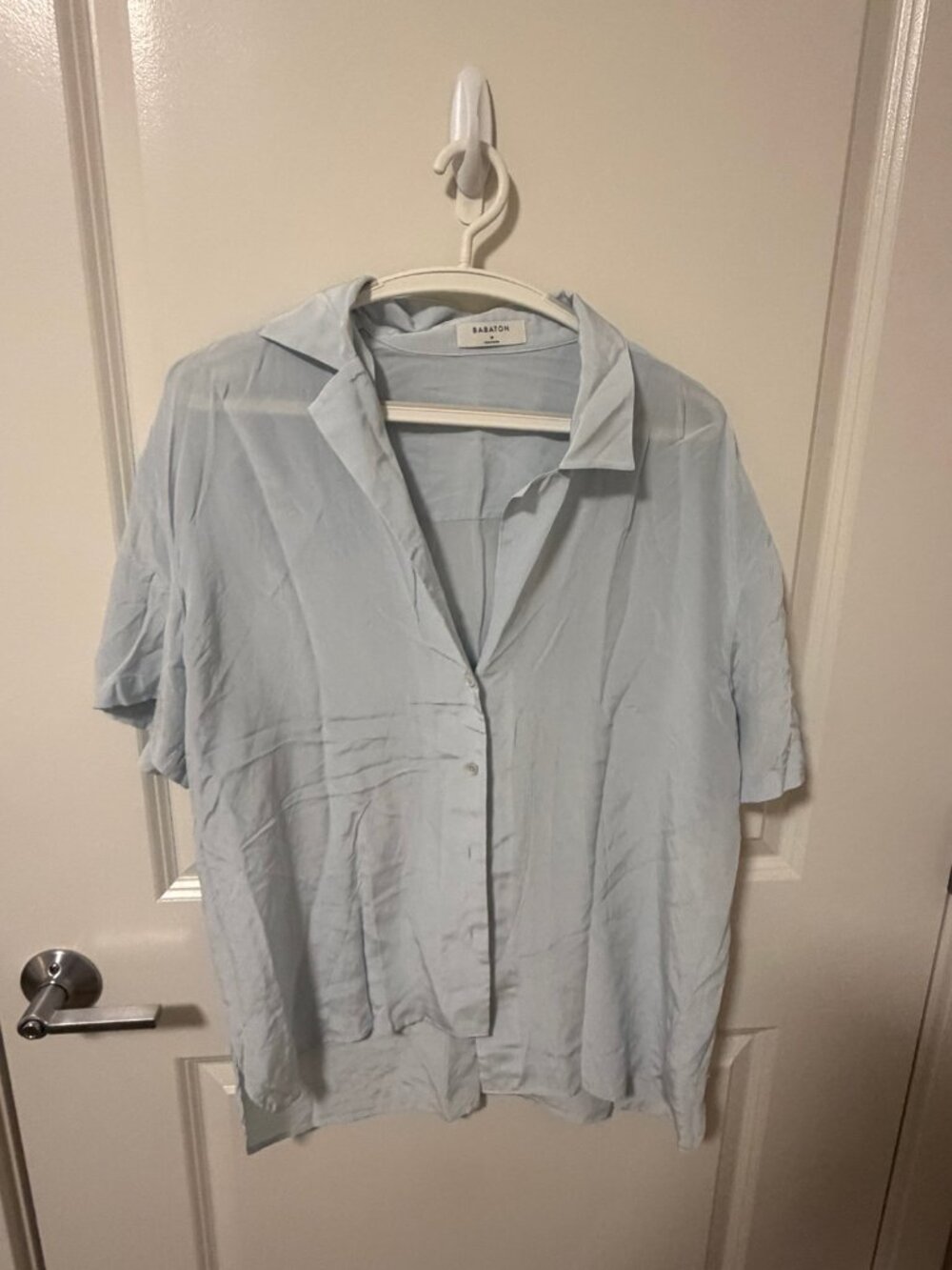 Babaton Light Blue 100% Silk Short Sleeve Button Down Shirt Women's Size M
